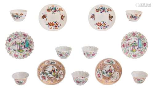 Three sets of Chinese famille rose and gilt decorated cups and saucers, 18th-19thC; added a ditto cup, H 3 - 4 - ø 10 - 11,5 cm