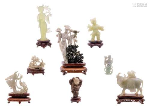 Various Chinese stone carvings, some on a wooden base,  H 3 - 19 cm