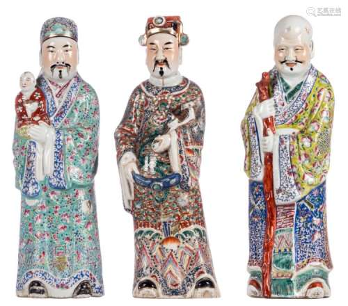 Three Chinese polychrome decorated 'Fu Lu Shou Xing' figures, one marked, about 1900, H 46 cm
