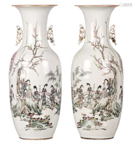 A pair of Chinese famille rose vases, decorated with a gallant scene and calligraphic texts, H 58,5 - 59 cm