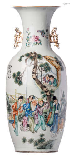 A Chinese polychrome and famille rose decorated vase, one side with an animated scene and one side with the Immortal Liu Hai and the Tree Legged Toad Chan Chu, with calligraphic texts, signed, H 57,5 cm