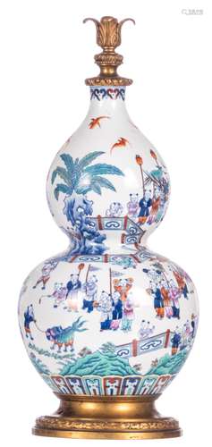 A Chinese polychrome overall decorated double gourd vase with a cortege and playing children, mounted as a lamp, H 45 cm