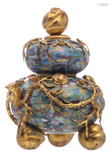 A fine Chinese three-piece gilt bronze cloisonné enamel incense burner, relief decorated with nine peaches and bats, with a Qianlong mark, H 22 cm