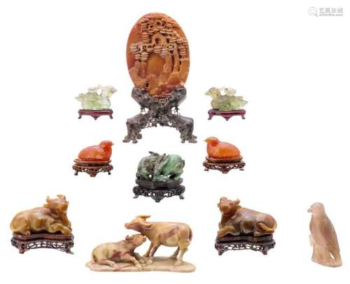 A various Chinese stone carvings modelled as animals; added a ditto carving depicting a pine tree, H 5,5 - 24 cm