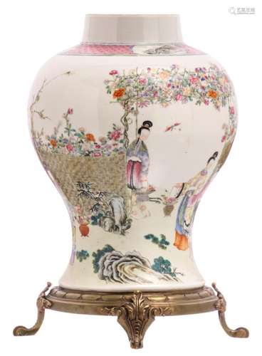 A Chinese famille rose overall decorated vase with a gallant garden scene, Yongzheng marked, mounted on a bronze base, H 39,5 cm