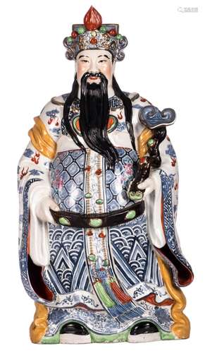 A Chinese polychrome decorated figure depicting Lou Xing, marked, H 76 cm