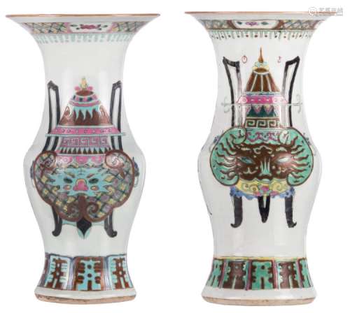 Two Chinese famille rose yenyen vases, decorated with antiquities and calligraphic texts, H 36 cm