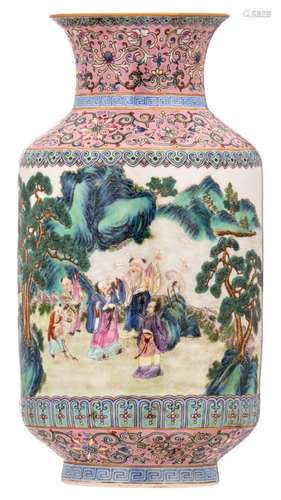 A Chinese polychrome and famille rose cylindrical vase, overall decorated with an animated scene with Immortals, with a Qianlong mark, H 38 cm