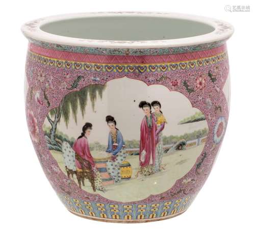 A Chinese rose ground famille rose floral decorated jardiniere, the roundels with gallant scenes and flower branches, H 35,5 cm