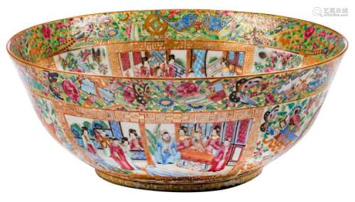 A Chinese famille rose floral decorated Canton bowl, the roundels with court scenes, 19thC, H 16 - ø 41 cm