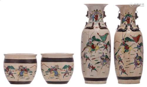 Two Chinese polychrome stoneware vases, decorated with a battle scene, marked; added a pair of ditto jardinieres, H 22,5 - 60 cm