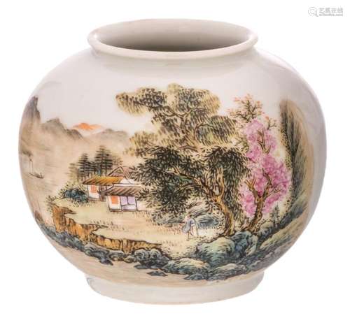 A Chinese polychrome decorated water pot with a mountainous river landscape and calligraphic texts, marked, H 8 - ø 10 cm