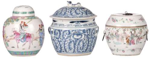 Two Chinese famille rose pots and covers, overall decorated with an animated scene, marked, 19th and 20thC; added a ditto blue and white floral decorated pot and cover, H 16 - 22 cm