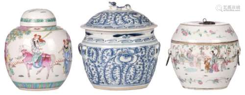Two Chinese famille rose pots and covers, overall decorated with an animated scene, marked, 19th and 20thC; added a ditto blue and white floral decorated pot and cover, H 16 - 22 cm