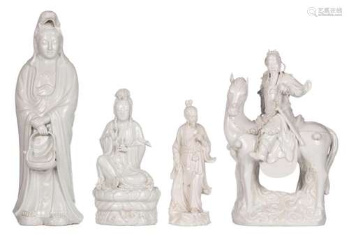 Two Chinese blanc de Chine Guanyin figures, a warrior and a fisherman-philosopher, one figure marked, 20thC, H 28,5 - 49 cm