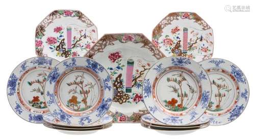 A Chinese set of ten blue and white famille verte floral decorated dishes, 18thC; added two ditto famille rose dishes and a plate, ø 22 - 30 cm