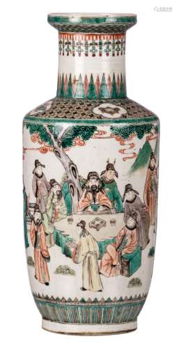 A Chinese famille verte rouleau shaped vase, overall decorated with an animated scene with literati, marked, H 45 cm