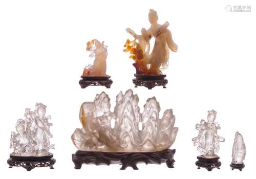 A various of six Chinese carved glass, stone and rock crystal groups, H 8,5 - 18 cm