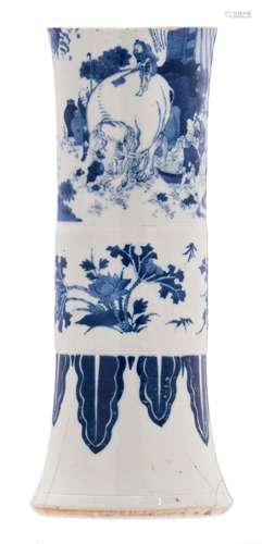 A Chinese blue and white overall decorated Gu vase with flower branches, figures and an elephant, H 39 cm