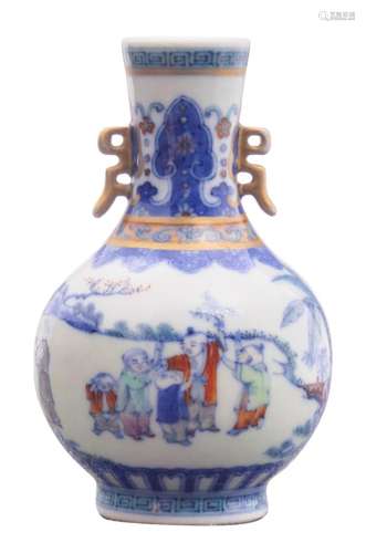 A Chinese doucai miniature bottle vase, overall decorated with an animated scene, marked Qianlong, H 8,5 cm