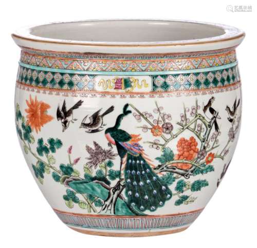 A famille rose Chinese fish bowl, overall decorated with a phoenix and various birds and flower branches, H 26,5 cm