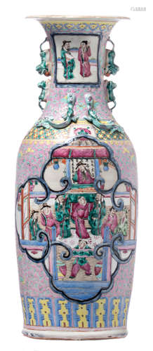 A Chinese polychrome floral and relief decorated vase, the roundels with court scenes, H 60,5 cm