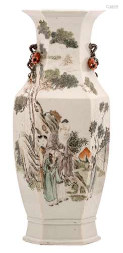 A fine Chinese polychrome decorated hexagonal vase with figures in a landscape and calligraphic texts, the handles pomegranate shaped, marked, H 59 cm