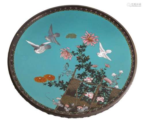 A large Japanese cloisonné enamel plate, decorated with pigeons and flower branches, with an openworked bronze mount, H 10 - ø 61 cm