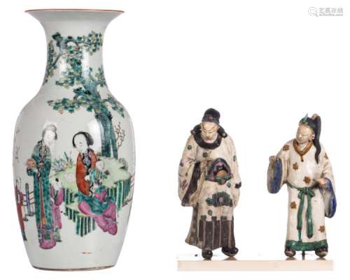 A Chinese polychrome vase, decorated with ladies and children in a garden; added two Chinese polychrome earthenware figures on a base, H 25 cm - 45 cm