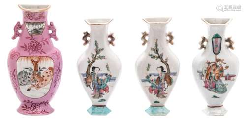 Three Chinese polychrome decorated wall vases with figures on a terrace; added a ditto pink ground vase, the roundels polychrome decorated with horses in a landscape, H 15,5 - 17,5 cm