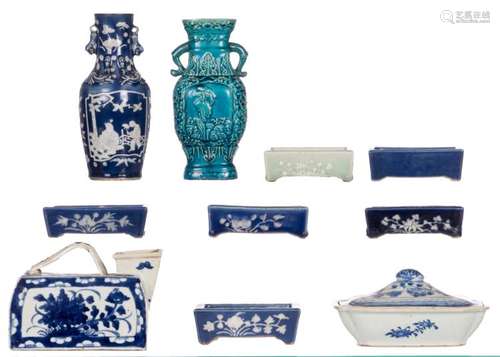 Six Chinese celadon and blue ground floral decorated jardinieres, a quadrangular jar and a vase, 19th and 20thC; added a ditto blue ad white decorated terrine and cover with a river landscape, and a turquoise ground relief decorated vase, H 4,5 - 25 - W 9 - 21 cm