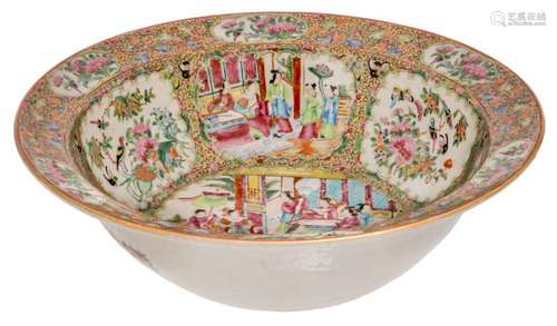 A Chinese Canton famille rose floral decorated bowl, the roundels with court scenes, birds, butterflies and flower branches, 19thC, H 12,5 - ø 41 cm