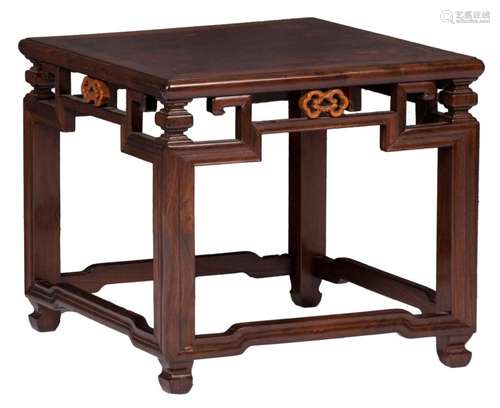 A Chinese quadrangular hardwood tea table, H 50 - W 55 - D 55 cm