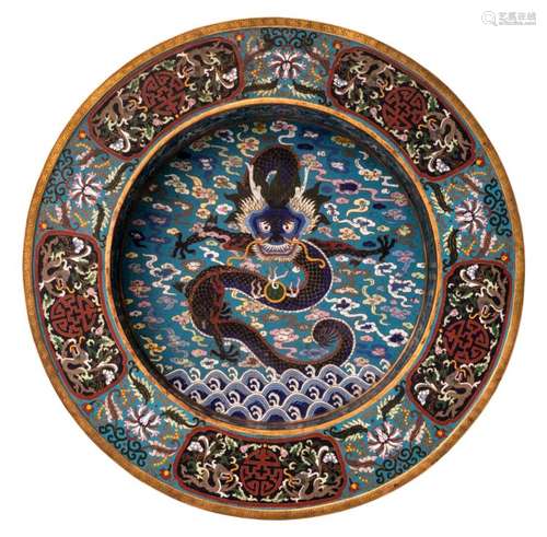 A fine Chinese cloisonné enamel floral decorated plate depicting a dragon and a pearl, marked Qianlong, H 10 - ø 58 cm