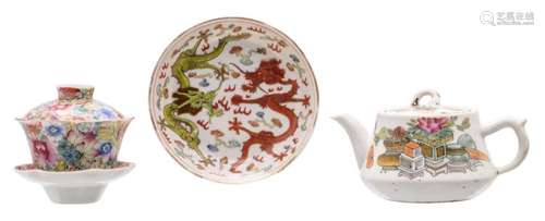 A small Chinese polychrome dragon dish, marked Guanxu and a ditto mille-fleurs bowl and cover and saucer, marked Qianlong; added a famille rose teapot and cover, marked, H 8,5 - 9 - ø 13,5 cm