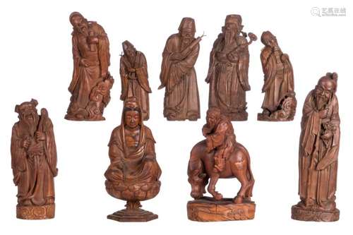 Seven Chinese carved bamboo figures, depicting deity, added a ditto Guanyin and Lao Tse, 19th and 20thC, H 22 - 36,5 cm