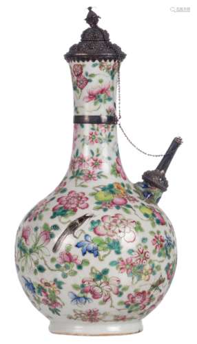 A Chinese Canton famille rose Kendi, floral decorated with birds and insects, with silver mounts, 19thC, 38 cm