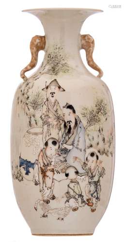 A Chinese polychrome decorated vase with an animated scene and calligraphic texts, the handles elephant's head shaped, H 32 cm