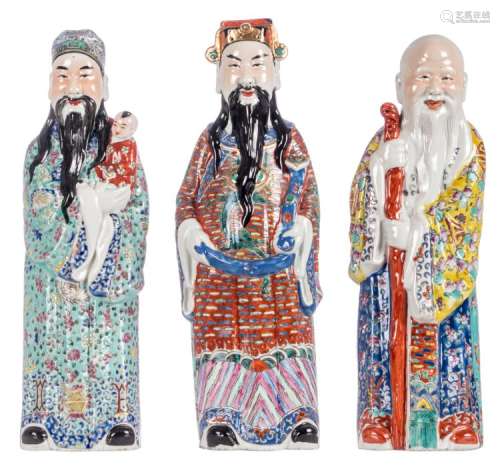 Three Chinese polychrome decorated 'Fu Lu Shou Xing' figures, two marked, about 1900, H 45,5 - 47,5 cm