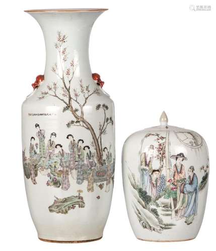 A Chinese famille rose vase, decorated with a gallant scene and calligraphic texts; added a ditto ginger jar with an animated scene, marked, H 31 - 56,5 cm