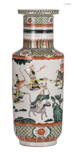 A Chinese famille verte rouleau shaped vase, overall decorated with Immortals, marked, 19thC, H 60 cm