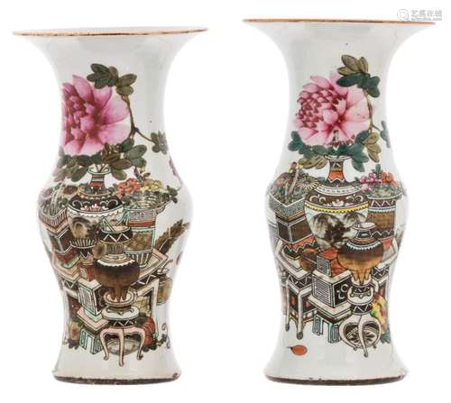 Two Chinese famille rose yenyen vases, decorated with antiquities, flower branches and calligraphic texts, 19thC, H 36 cm