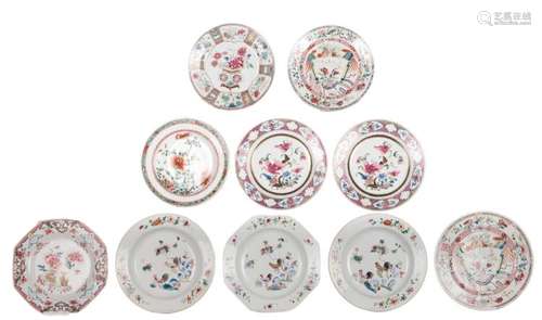 Nine Chinese famille rose floral decorated dishes, 18thC; added a ditto famille verte dish, ø 23 cm