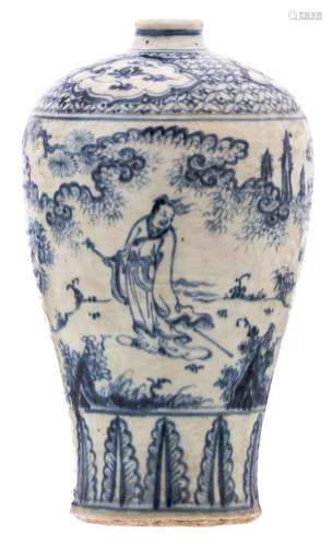 A Chinese blue and white overall decorated Meiping vase with an animated scene and floral motifs, Ming, H 30,5 cm