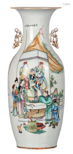 A Chinese polychrome decorated vase with an animated scene and calligraphic texts, H 59,5 cm