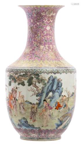 A Chinese famille rose vase, overall decorated with Immortals, with a Qianlong mark, H 74 cm