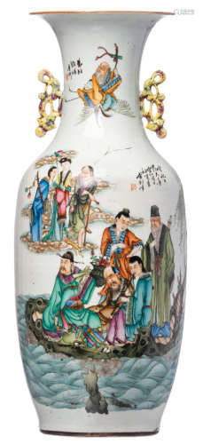 A Chinese famille rose decorated vase, one side depicting the Eight Immortals and one side with antiquities, fruits and flower branches, with calligraphic texts, signed, H 58,5 cm