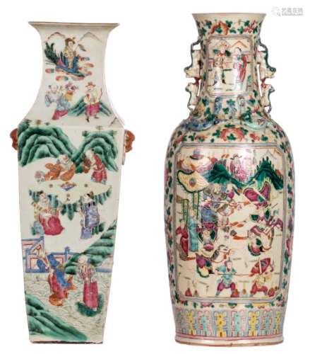 A Chinese famille rose quadrangular vase, overall decorated with animated scenes with the Eight Immortals, 19thC, added a Chinese famille rose floral decorated vase, the roundels with court scenes and warriors, 19thC, H 58 - 60 cm