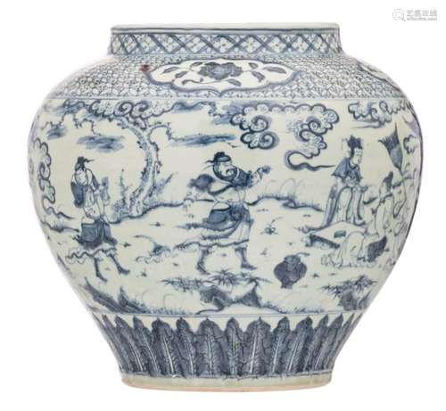 A Chinese blue and white overall decorated vase with an animated scene and floral motifs, H 35 cm