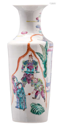 A Chinese famille rose overall decorated sleeve vase with an animated scene, H 30,5 cm